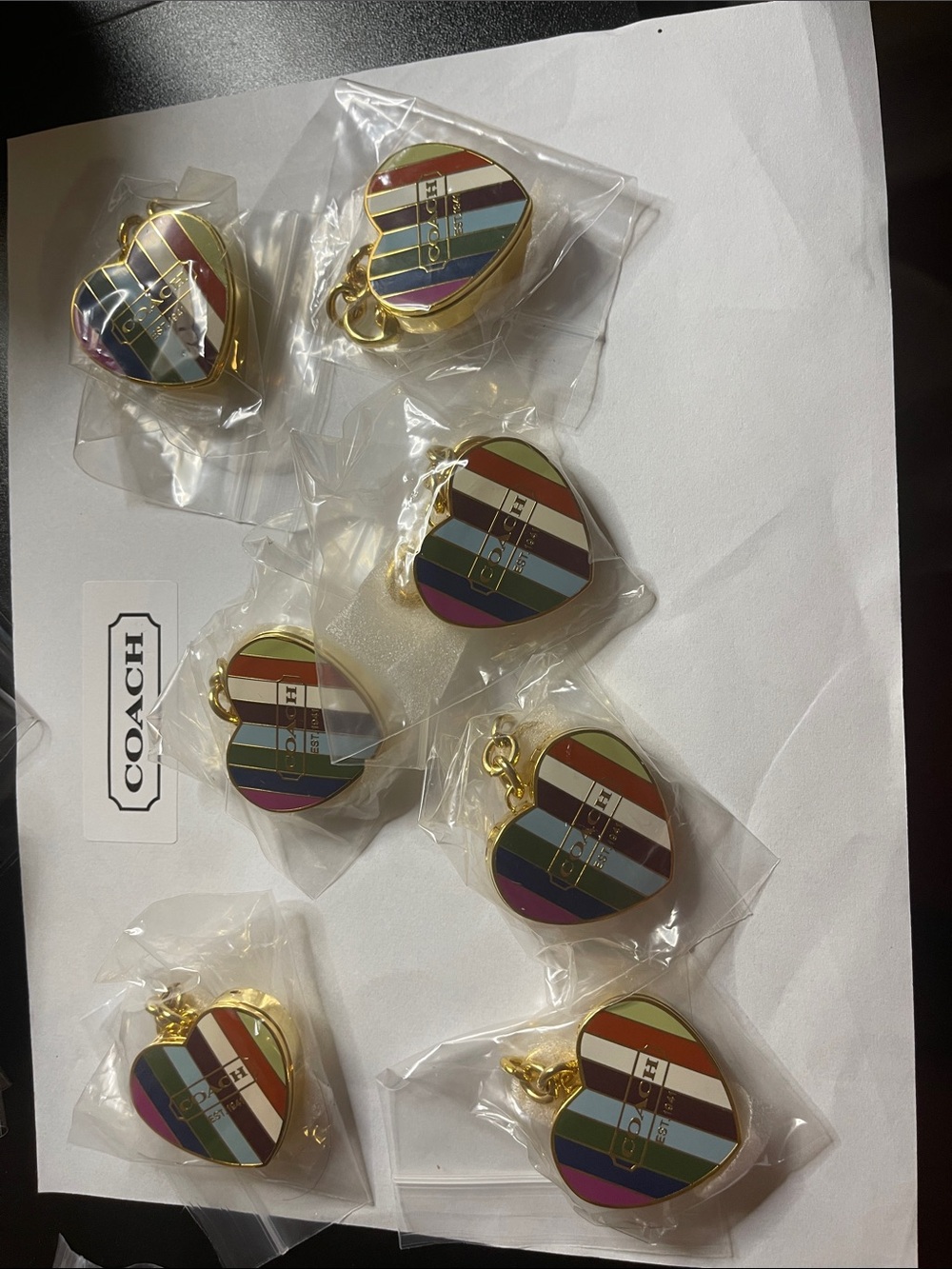 7 Coach Heart Stripe Key Charm - Gold with Multicolor Stripes